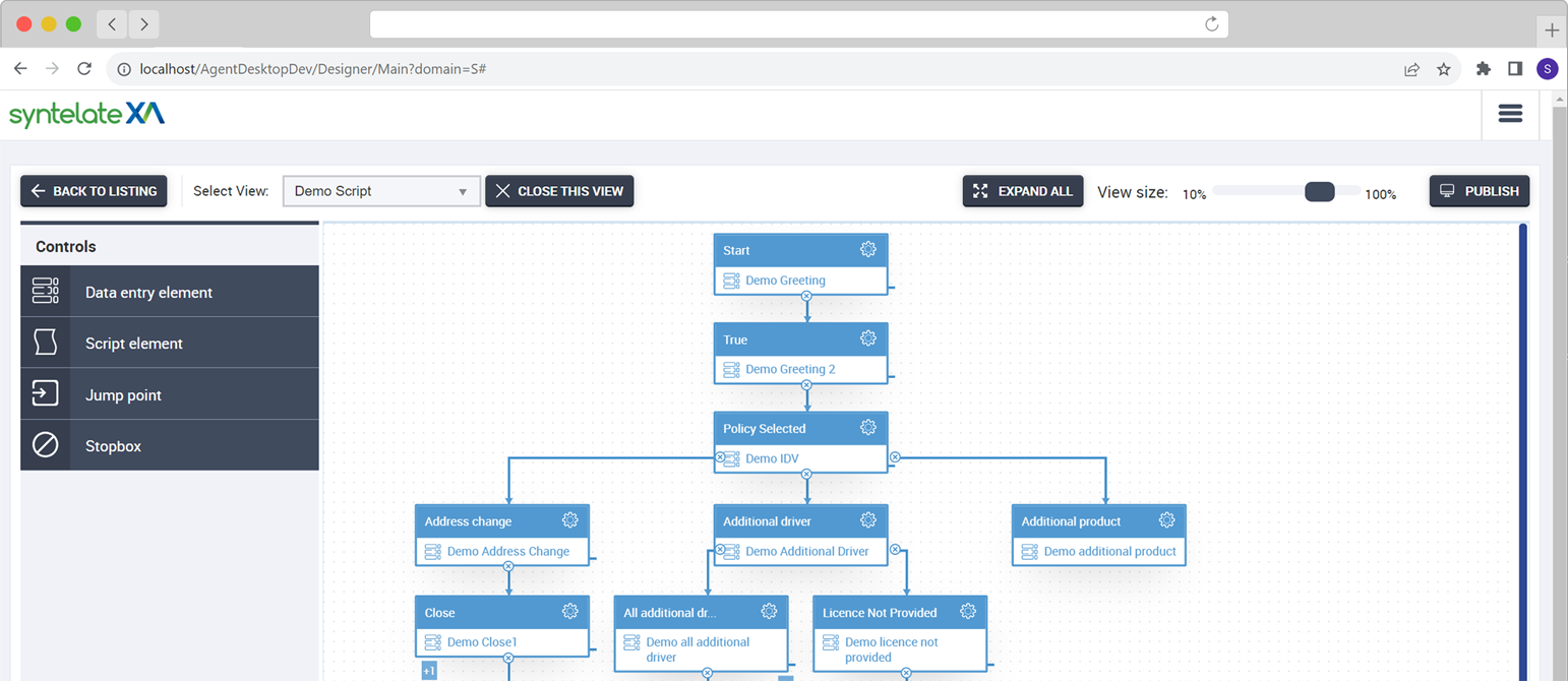 An example of an agent desktop script being designed using Syntelate XA Designer's visual builder.