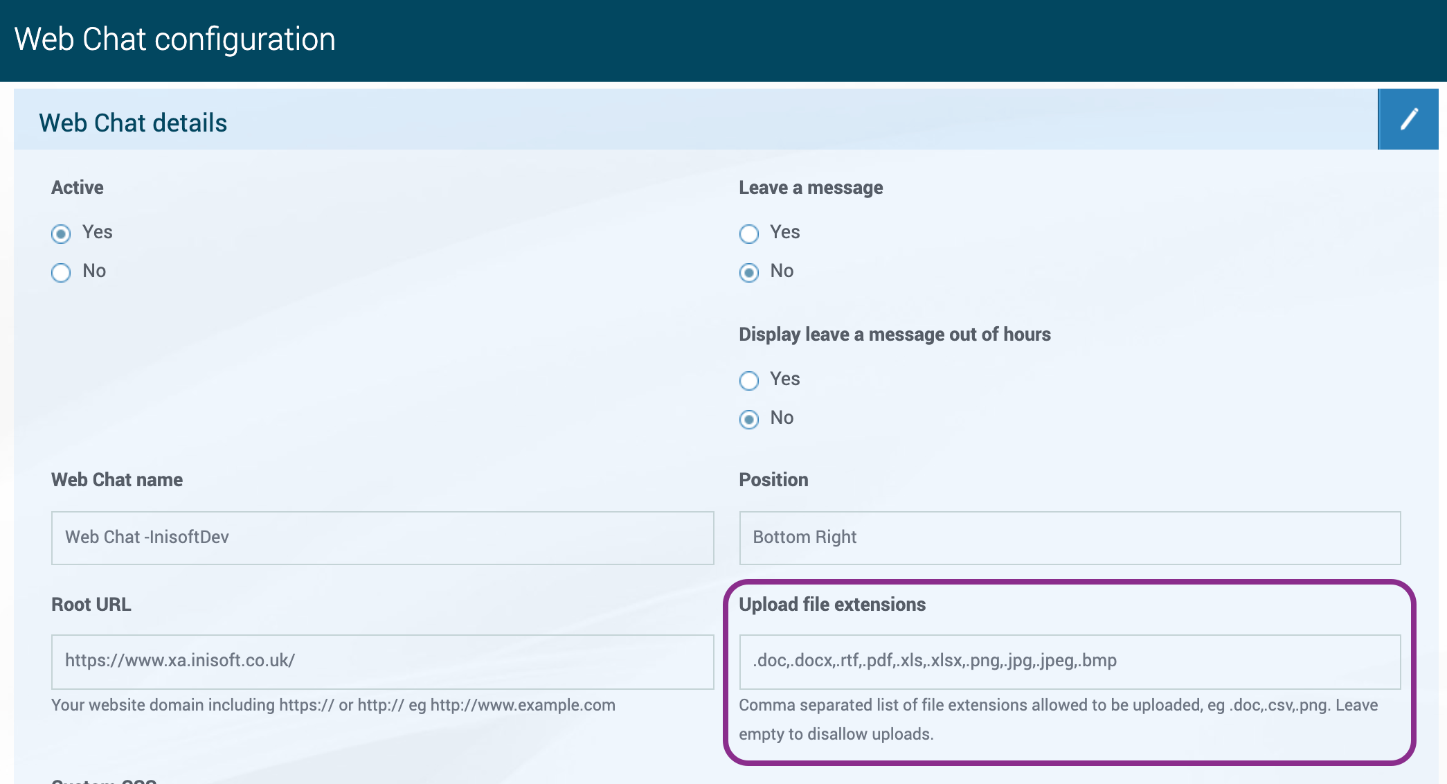 The field in Web Chat Config. where you specify attachment types.