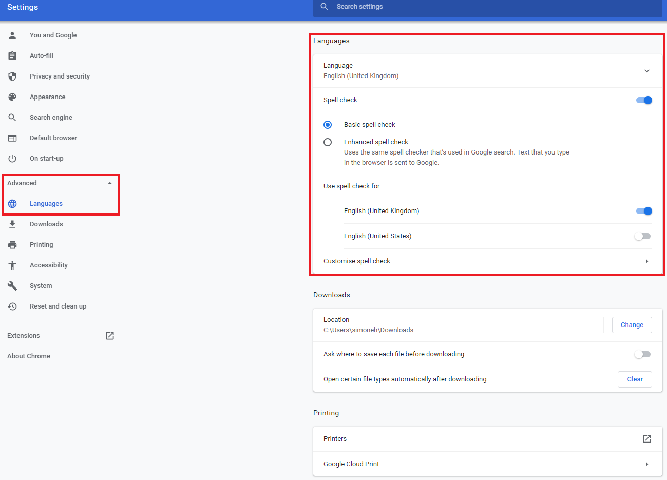 Chrome's Languages section in the advanced settings. Chrome's Languages section in the advanced settings.